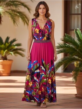 CHICO'S Classic Pleat Rainforest Sleeveless Botanic Berry Maxi Dress Size 2 = 12